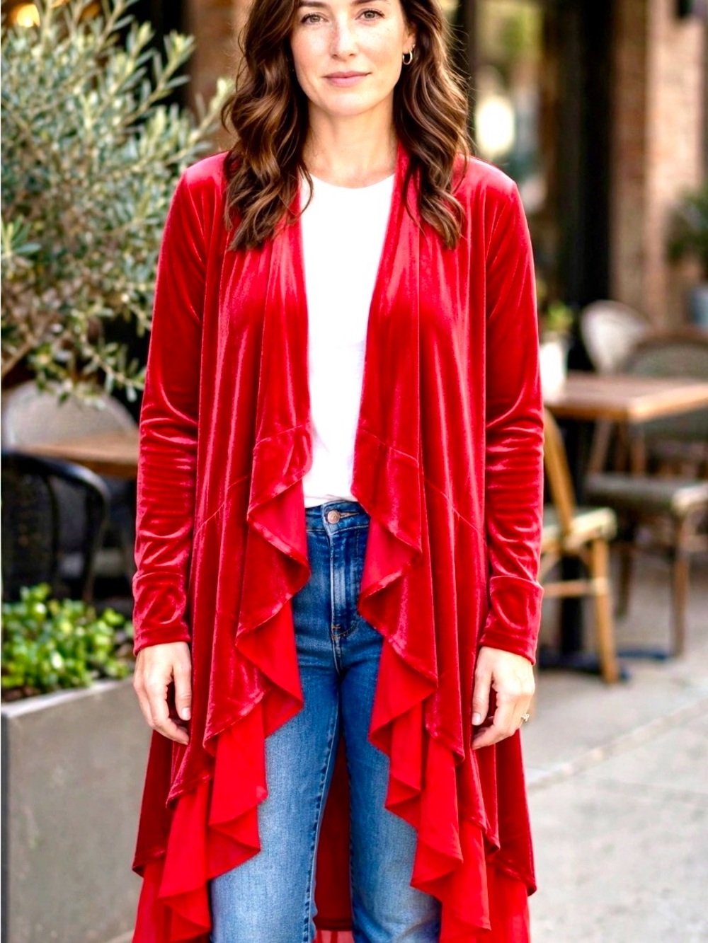 Kate & Mallory Red Velvet Ruffle-Front Long Cardigan - Picture 2 of 8